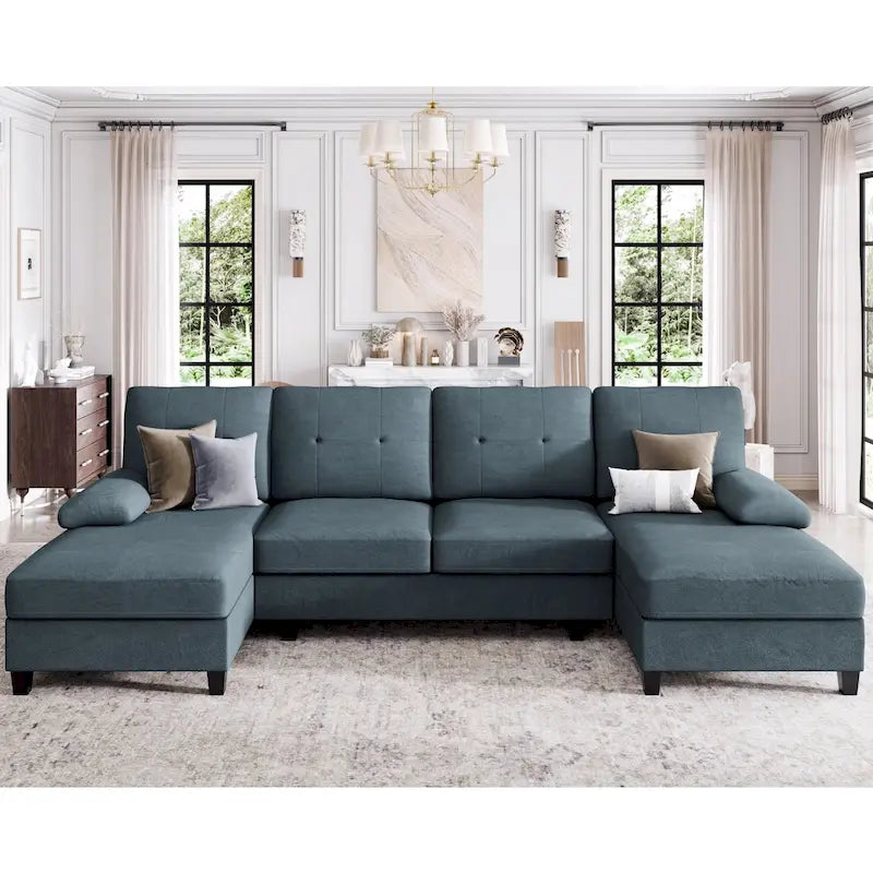 Divano componibile a U a 4 posti in lino – Beige / Grigio chiaro / Grigio scuro / Blu / Beige scuro / Nero