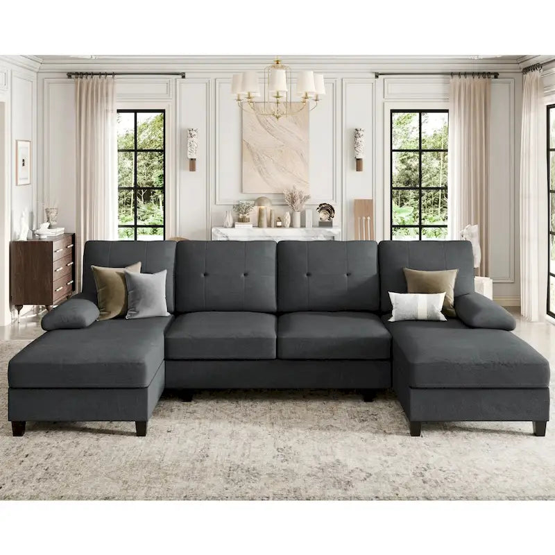 Divano componibile a U a 4 posti in lino – Beige / Grigio chiaro / Grigio scuro / Blu / Beige scuro / Nero