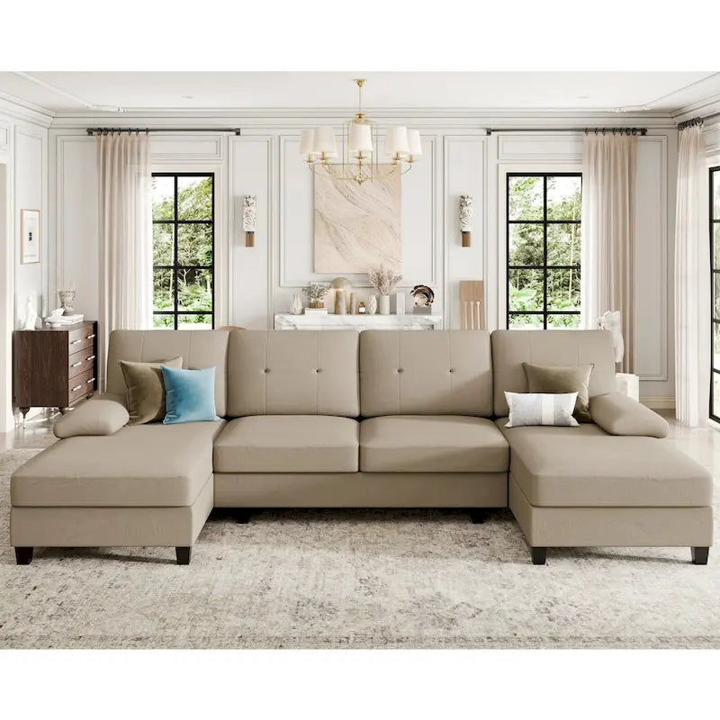 Divano componibile a U a 4 posti in lino – Beige / Grigio chiaro / Grigio scuro / Blu / Beige scuro / Nero