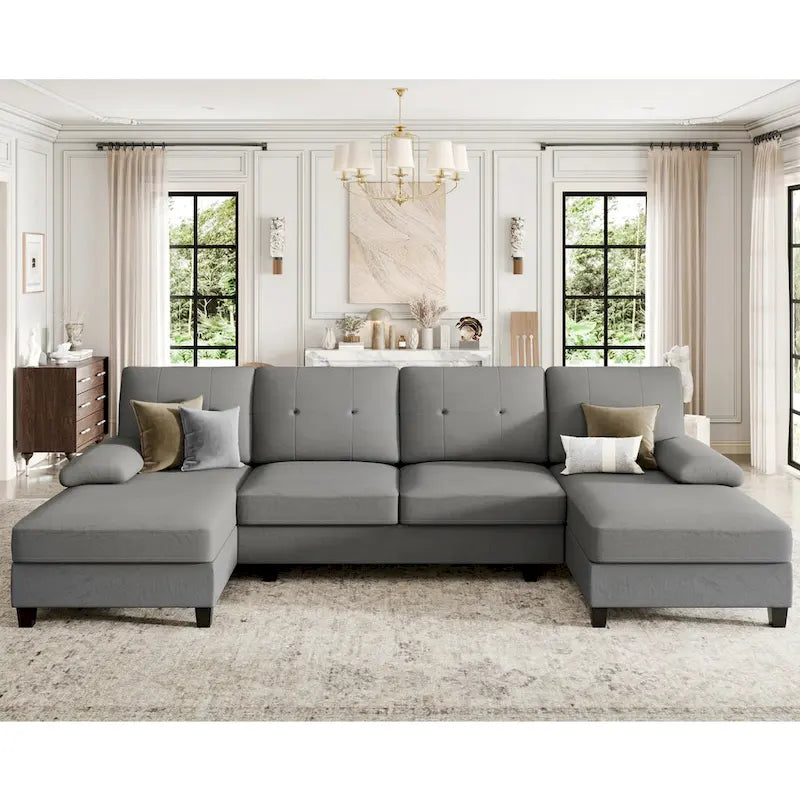 Divano componibile a U a 4 posti in lino – Beige / Grigio chiaro / Grigio scuro / Blu / Beige scuro / Nero
