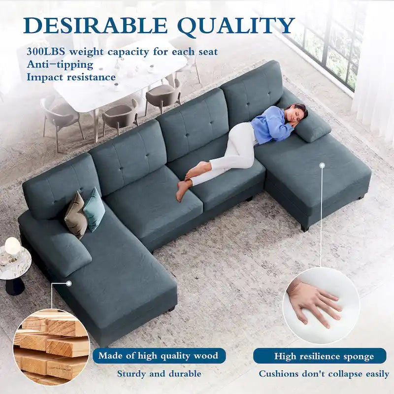 Divano componibile a U a 4 posti in lino – Beige / Grigio chiaro / Grigio scuro / Blu / Beige scuro / Nero