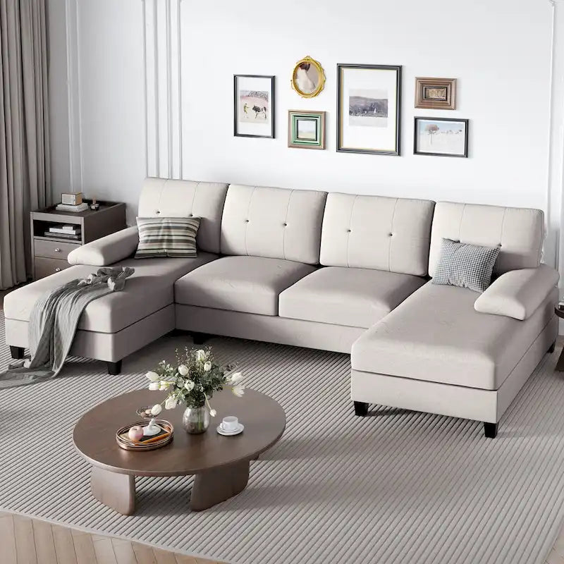 Divano componibile a U a 4 posti in lino – Beige / Grigio chiaro / Grigio scuro / Blu / Beige scuro / Nero