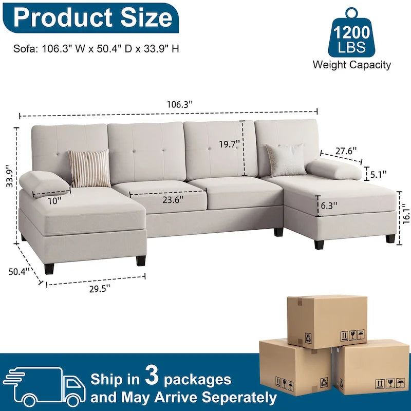 Divano componibile a U a 4 posti in lino – Beige / Grigio chiaro / Grigio scuro / Blu / Beige scuro / Nero