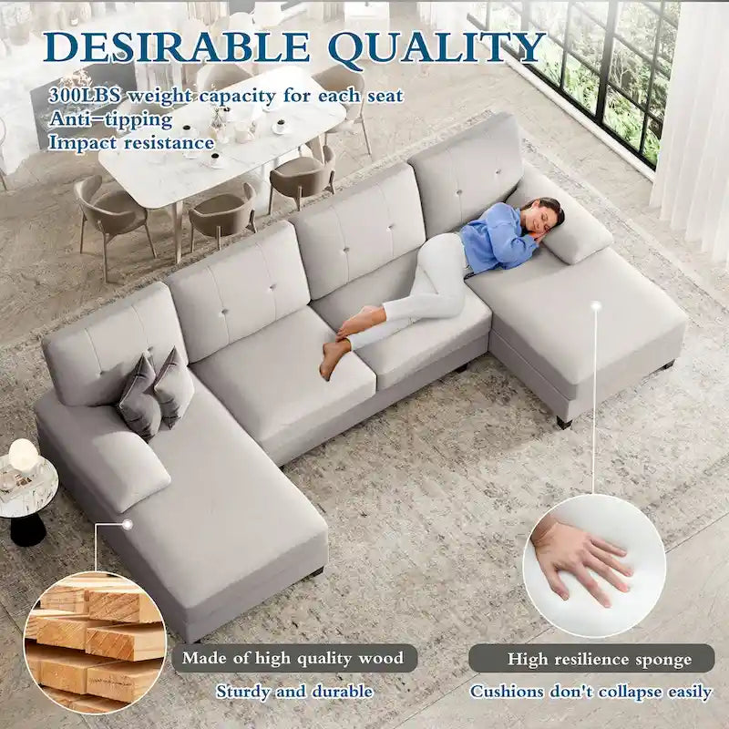 Divano componibile a U a 4 posti in lino – Beige / Grigio chiaro / Grigio scuro / Blu / Beige scuro / Nero