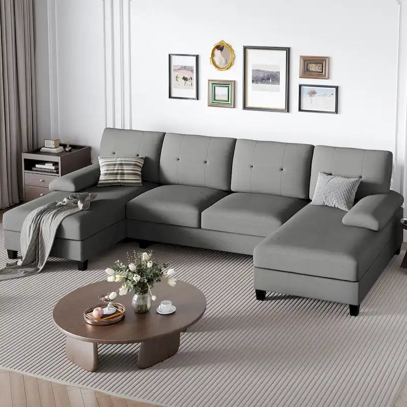 Divano componibile a U a 4 posti in lino – Beige / Grigio chiaro / Grigio scuro / Blu / Beige scuro / Nero