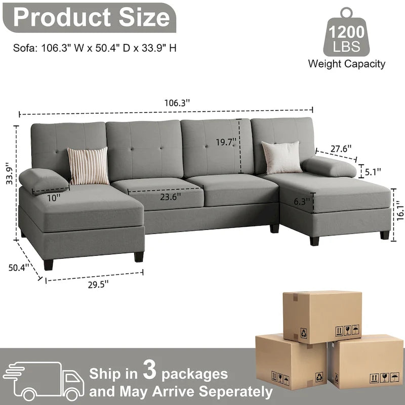 Divano componibile a U a 4 posti in lino – Beige / Grigio chiaro / Grigio scuro / Blu / Beige scuro / Nero