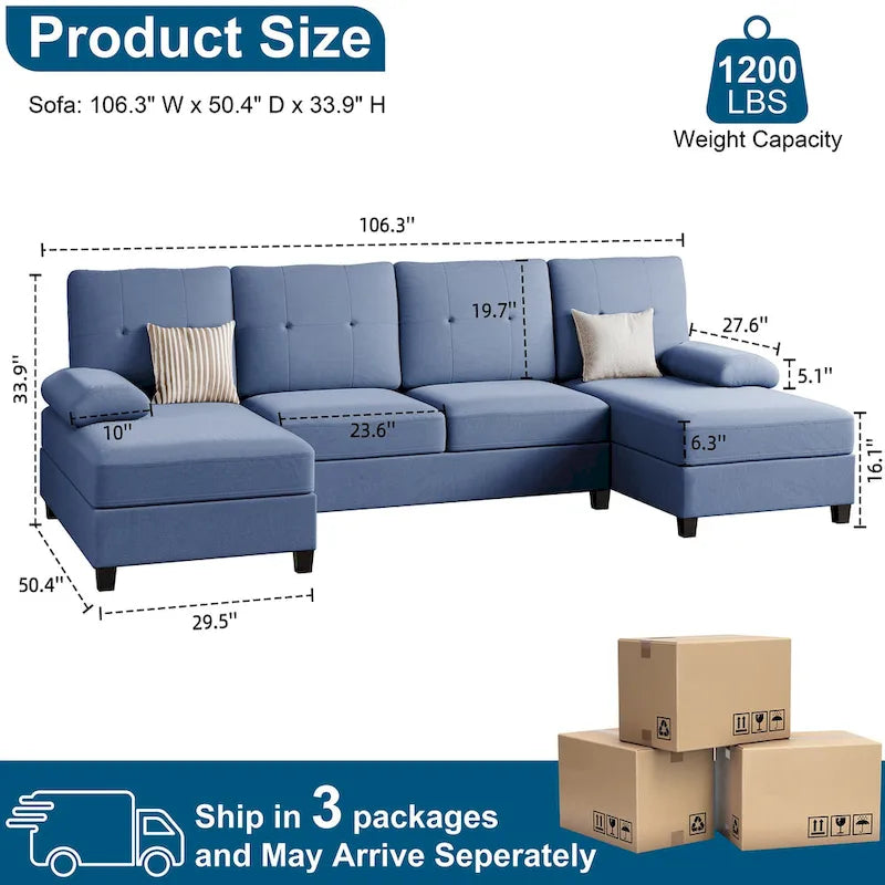 Divano componibile a U a 4 posti in lino – Beige / Grigio chiaro / Grigio scuro / Blu / Beige scuro / Nero