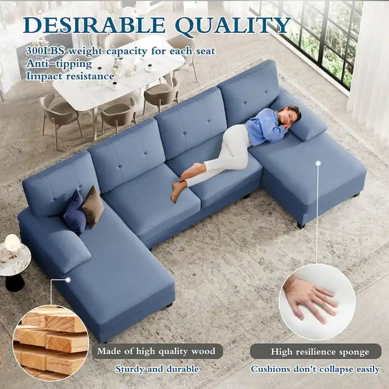 Divano componibile a U a 4 posti in lino – Beige / Grigio chiaro / Grigio scuro / Blu / Beige scuro / Nero