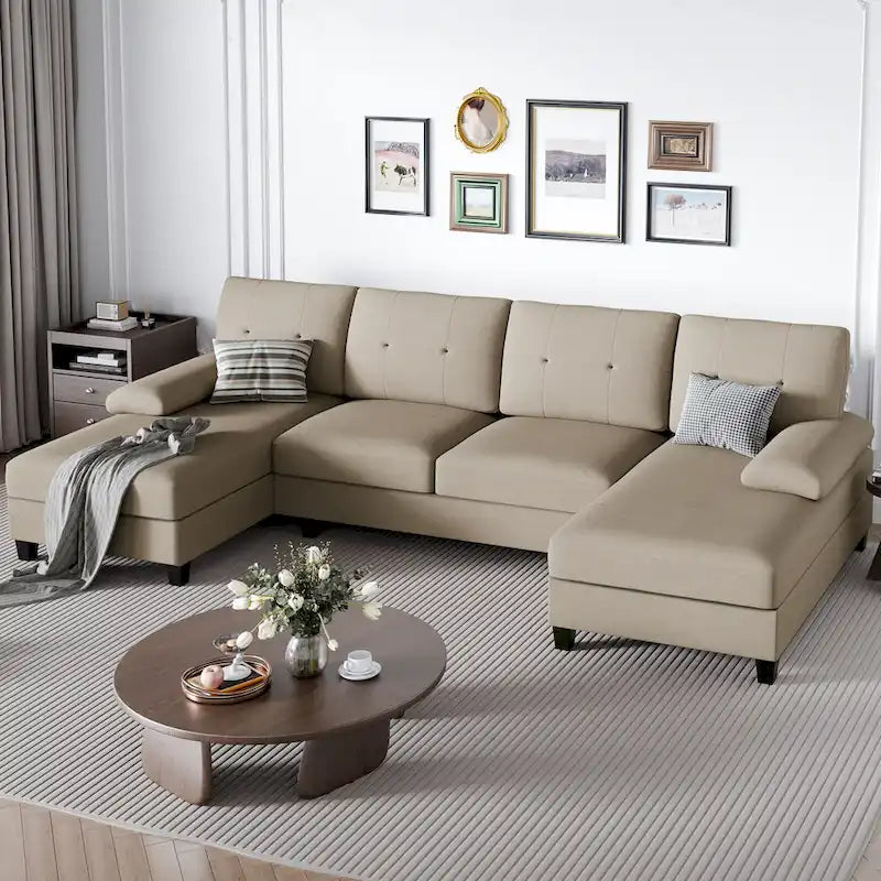 Divano componibile a U a 4 posti in lino – Beige / Grigio chiaro / Grigio scuro / Blu / Beige scuro / Nero