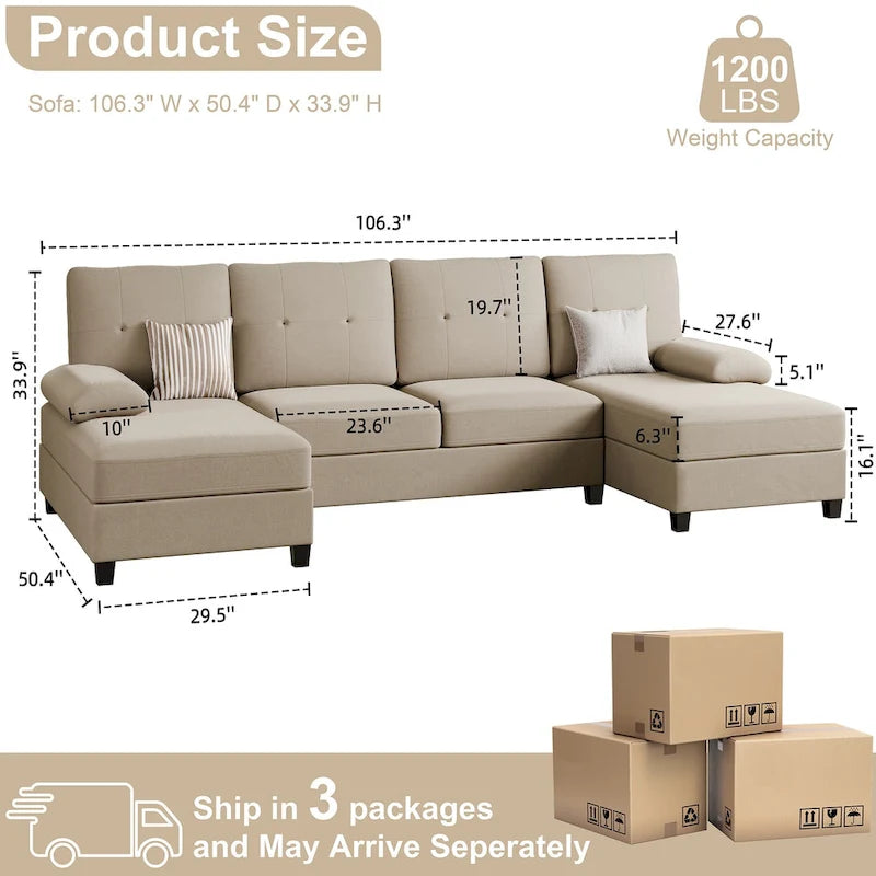 Divano componibile a U a 4 posti in lino – Beige / Grigio chiaro / Grigio scuro / Blu / Beige scuro / Nero