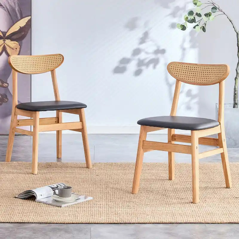 Sedia da pranzo in legno/noce con schienale curvo e cuscino in PU, set da 2 pezzi